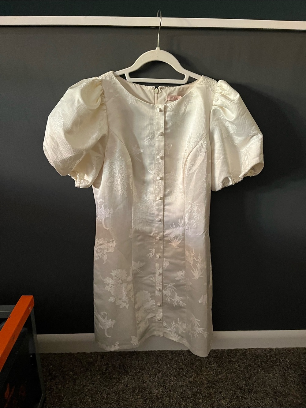 Anthropologie Ivory Puff-Sleeve Floral Jacquard Mini Dress
